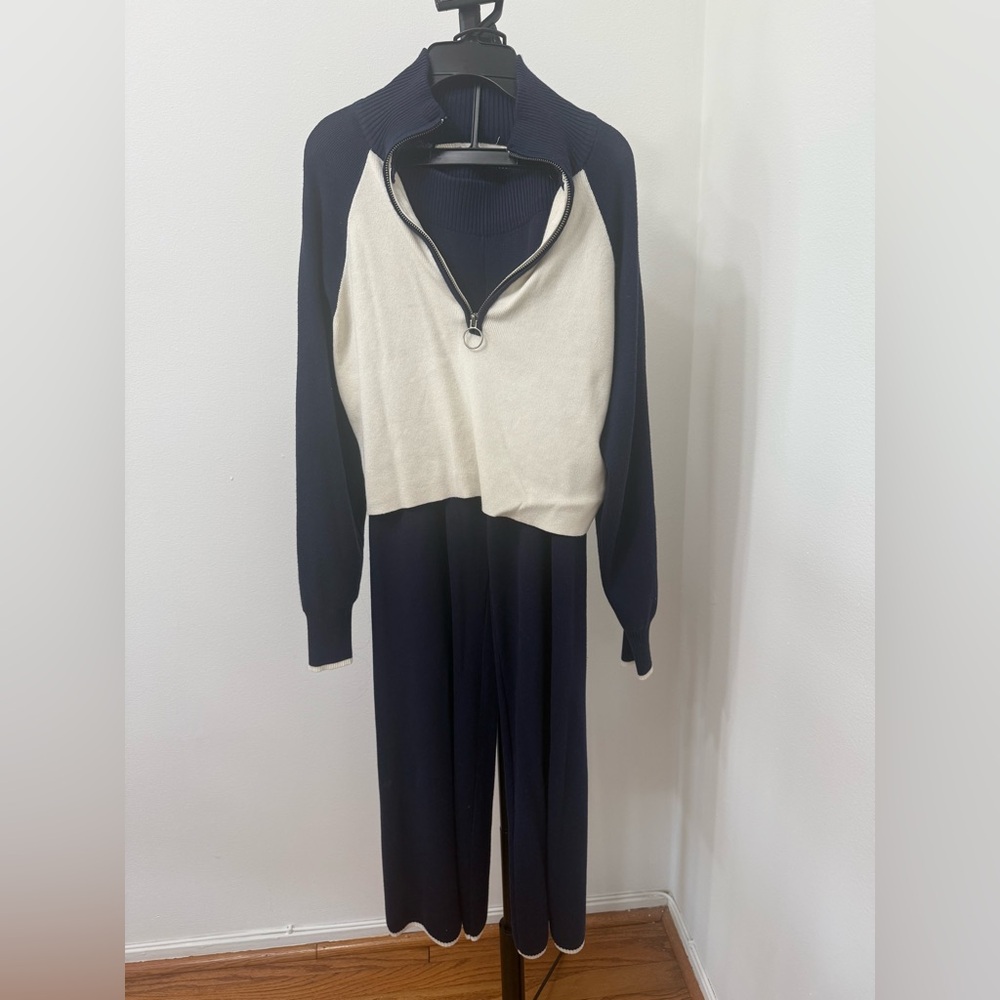 Navy and Cream Women's Sweater and Pants Set